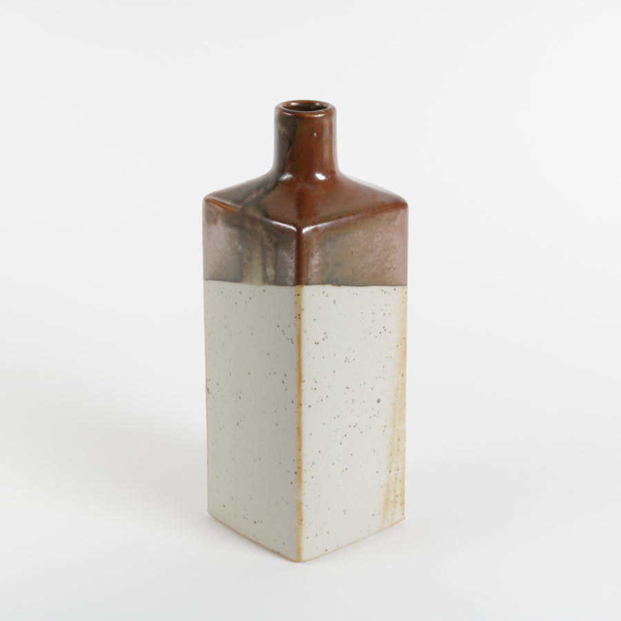 Tall Japanese square bottle vase with rust and putty glaze